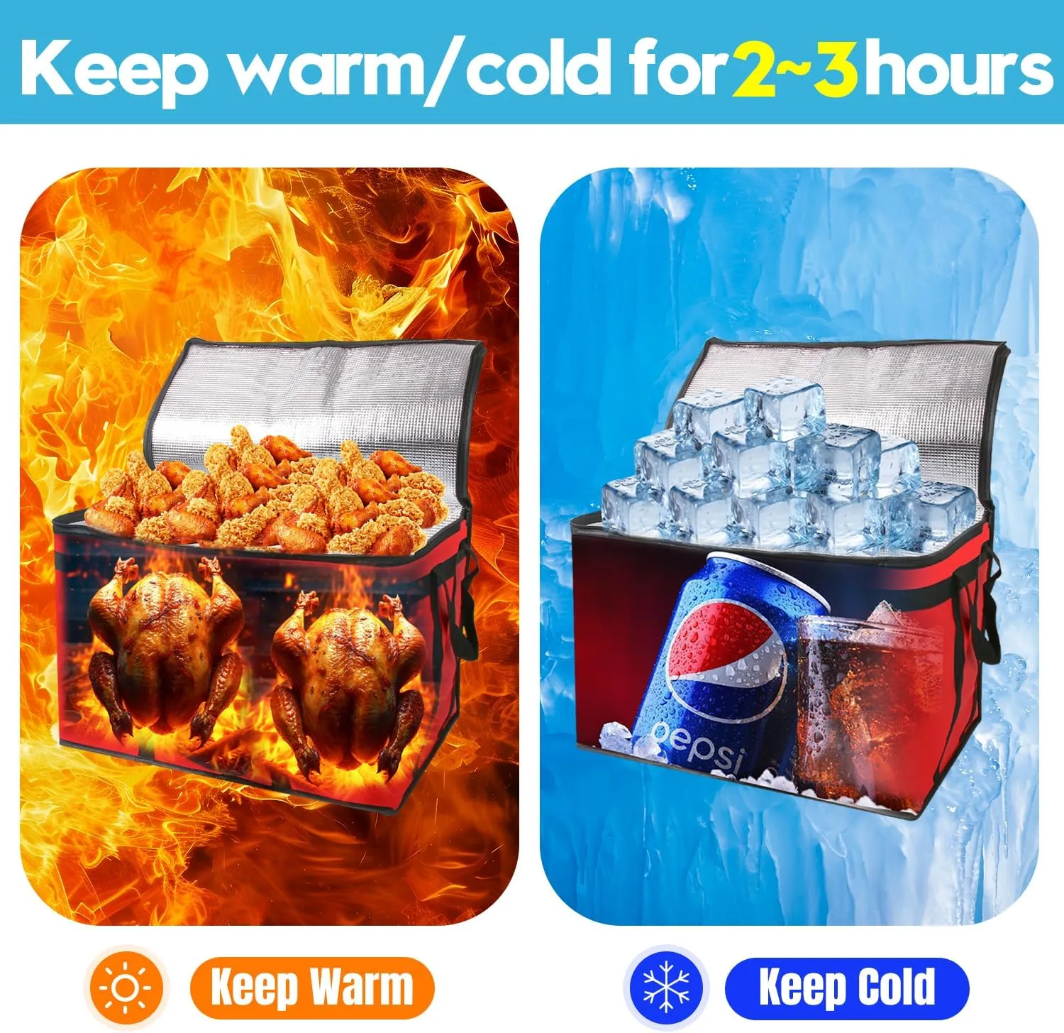 1 Pack Insulated Food Delivery Bag Blue Pizza Delivery Bags for Hot & Cold Food, Large Capacity Reusable Warming Bag Catering Cooler Bag for Party