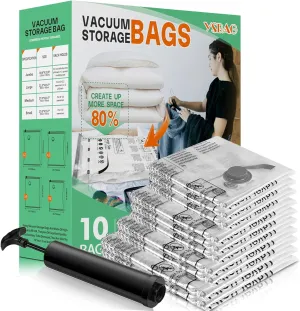 10 Pack Vacuum Storage Bags,Space Saver Bags with Hand Pump,Vacuum Sealer Bags for Store Clothing,Comforters,Blankets,and other Bedding(2Jumbo/2 Large/3 Medium/3 Small)