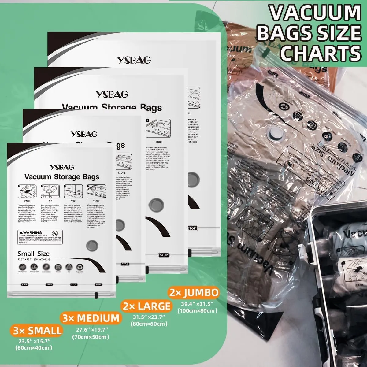 10 Pack Vacuum Storage Bags,Space Saver Bags with Hand Pump,Vacuum Sealer Bags for Store Clothing,Comforters,Blankets,and other Bedding(2Jumbo/2 Large/3 Medium/3 Small)