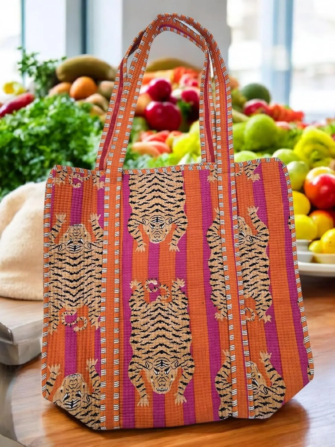 100% Cotton Quilted Tote Bag –Handmade Shoulder Bag Animal Print Lightweight for Shopping, Travel & Daily Use