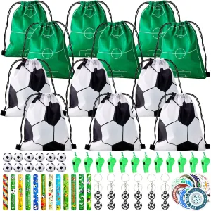 110 Pcs Soccer Party Favors for Kids 12 Sets Sports Party Supplies Drawstring Bag Backpack with Keychains Mini Soccer Stress Ball Slaps Bracelets Goodie Bag Stickers Toy Presents Gift Set