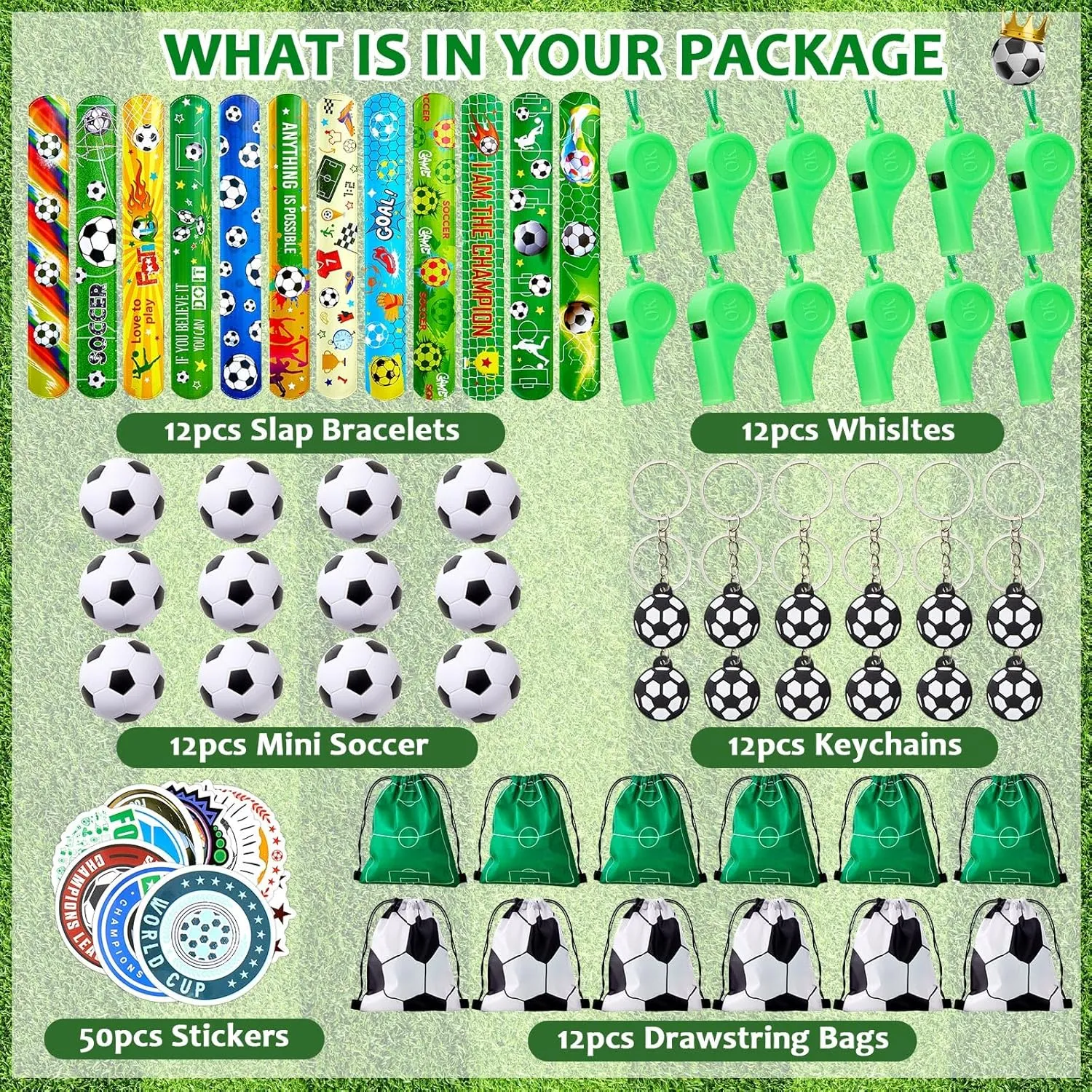 110 Pcs Soccer Party Favors for Kids 12 Sets Sports Party Supplies Drawstring Bag Backpack with Keychains Mini Soccer Stress Ball Slaps Bracelets Goodie Bag Stickers Toy Presents Gift Set