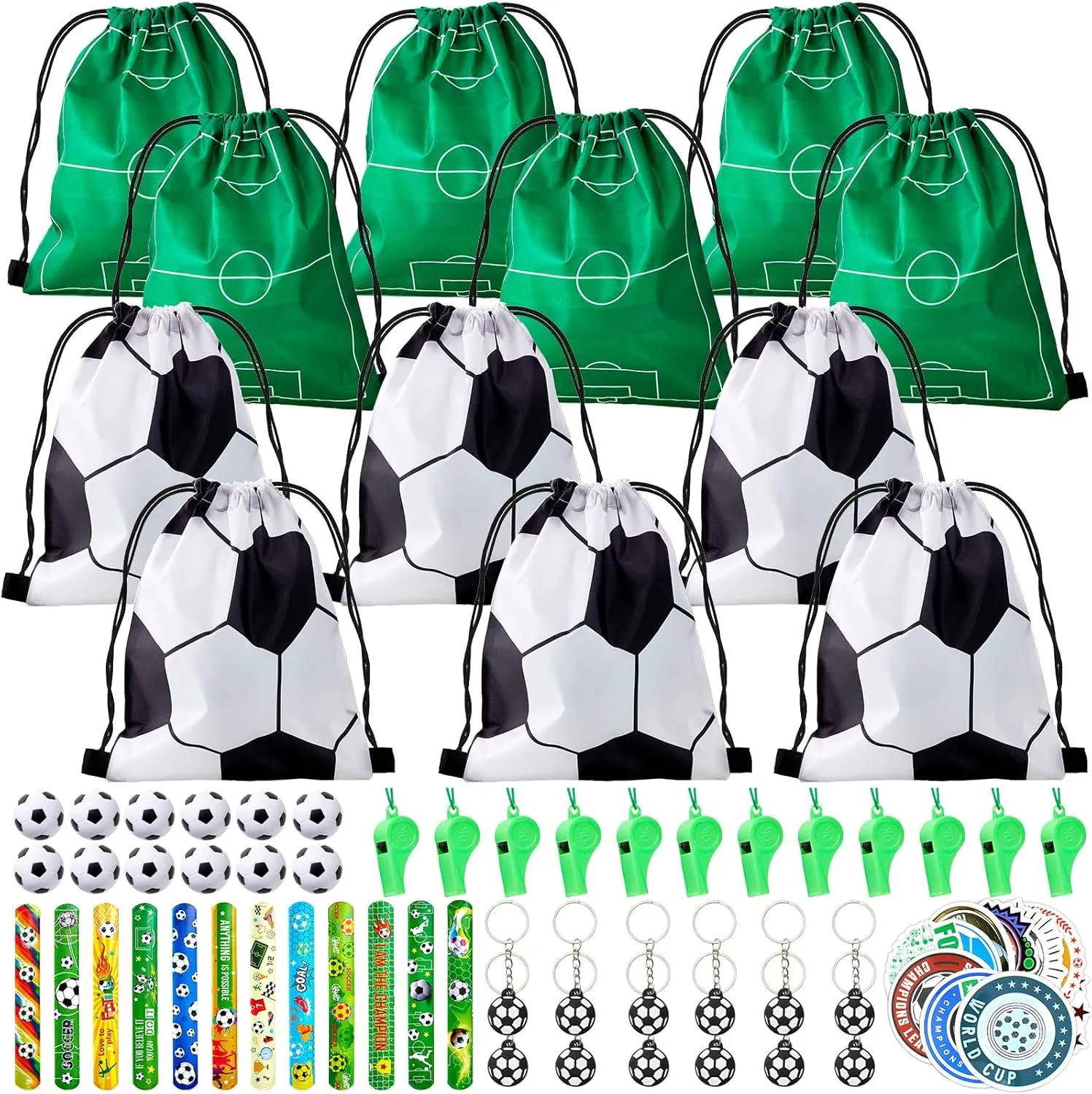 110 Pcs Soccer Party Favors for Kids 12 Sets Sports Party Supplies Drawstring Bag Backpack with Keychains Mini Soccer Stress Ball Slaps Bracelets Goodie Bag Stickers Toy Presents Gift Set