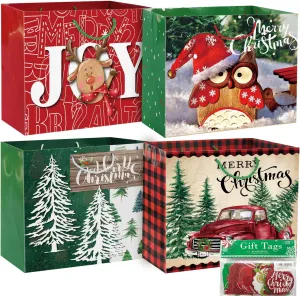 12 Extra large Christmas Gift Paper Bags Bulk with handles and 60 Count Christmas Gift Tags-6 Designs Jumbo oversized sacks set for Wrapping Gaint Xmas Holiday Presents