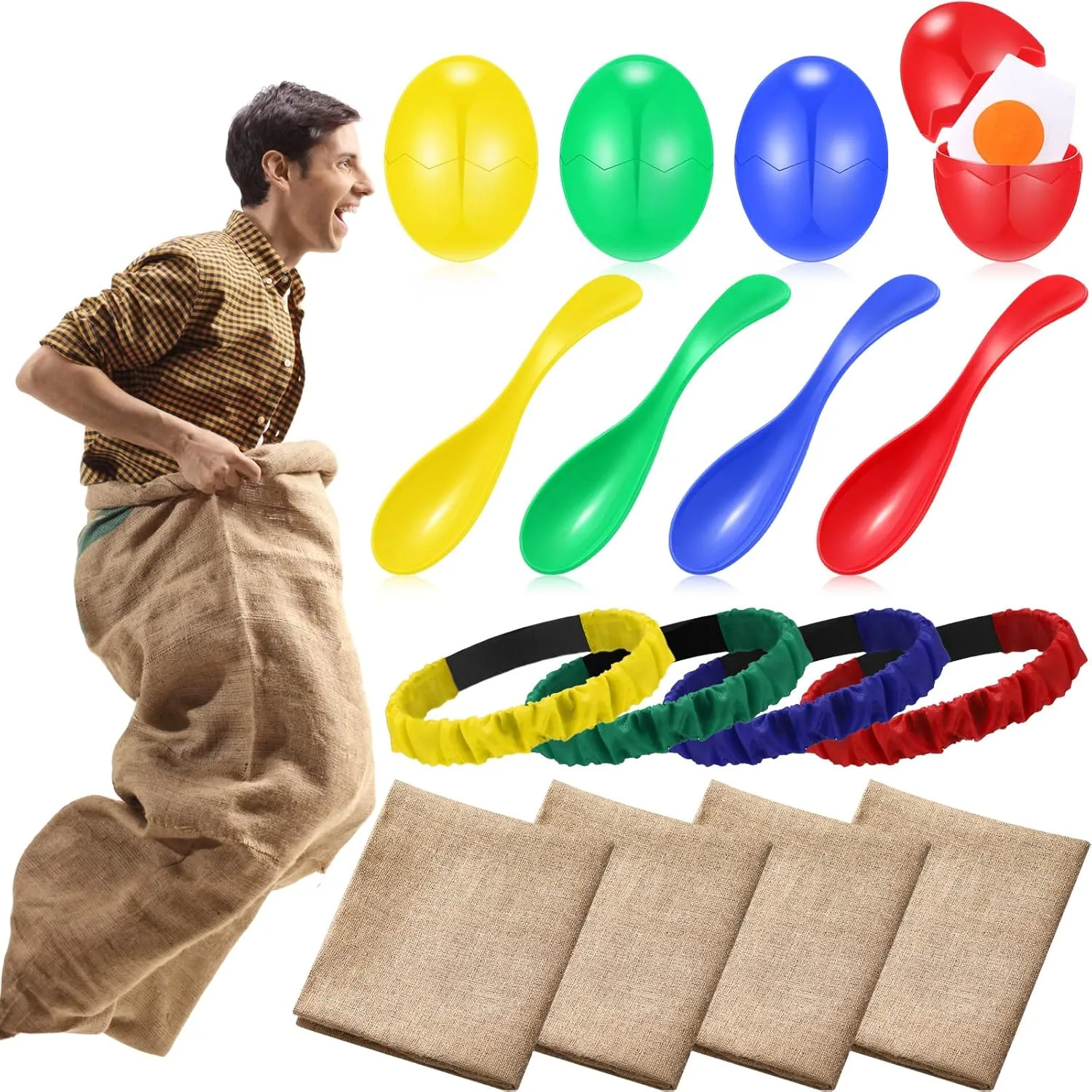 12 Pcs Potato Sack Race Bags Outdoor Lawn Games with Egg Spoon Race Games, 3 Legged Relay Race Bands Carnival Games Outside Birthday Party for Family