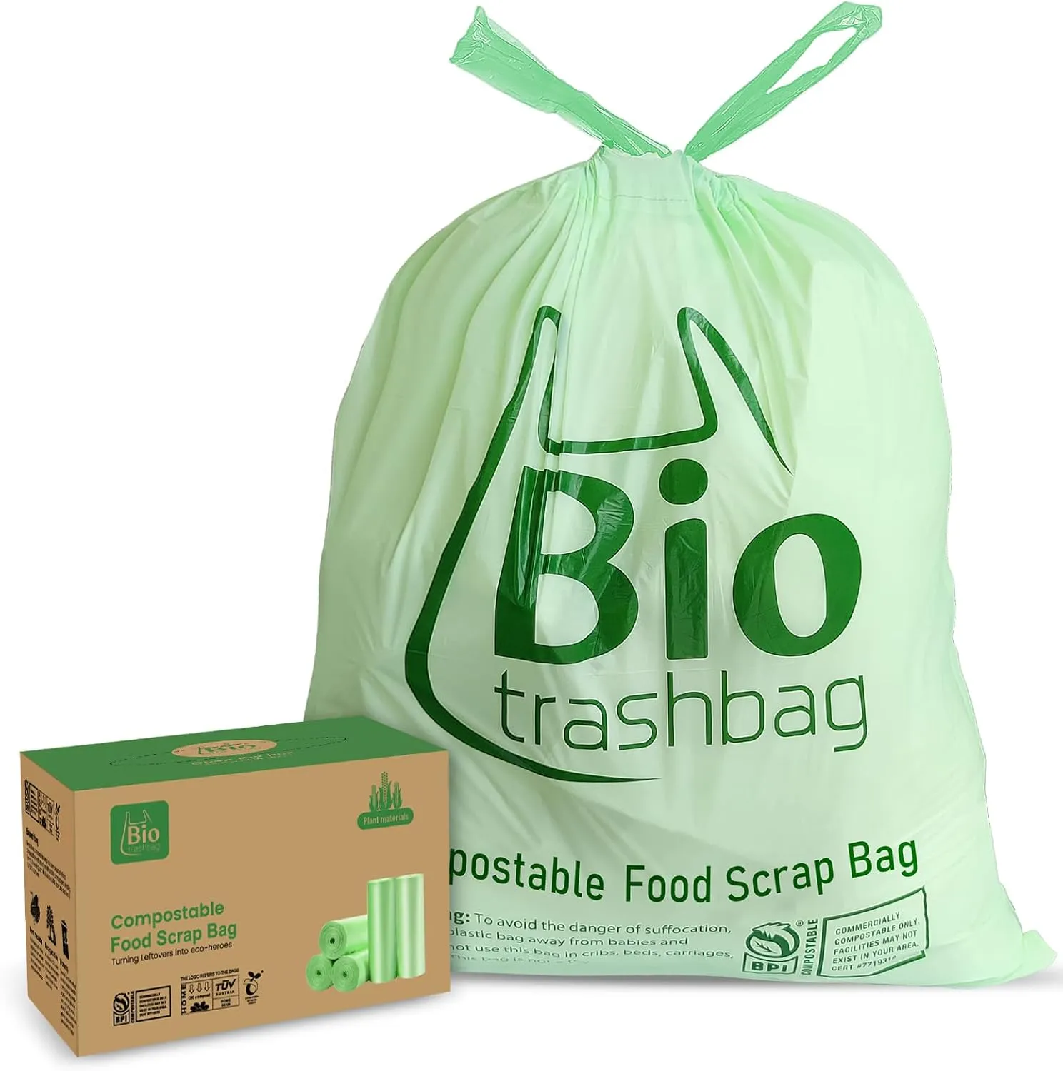 13 Gallon Compostable Trash Bags, Biodegradable Drawstring Compost Food Waste Bags, 50 Count, Heavy Duty 1 Mil, 49.2 Liter, Tall Kitchen Large Garbage Bags, US BPI and Europe OK Compost