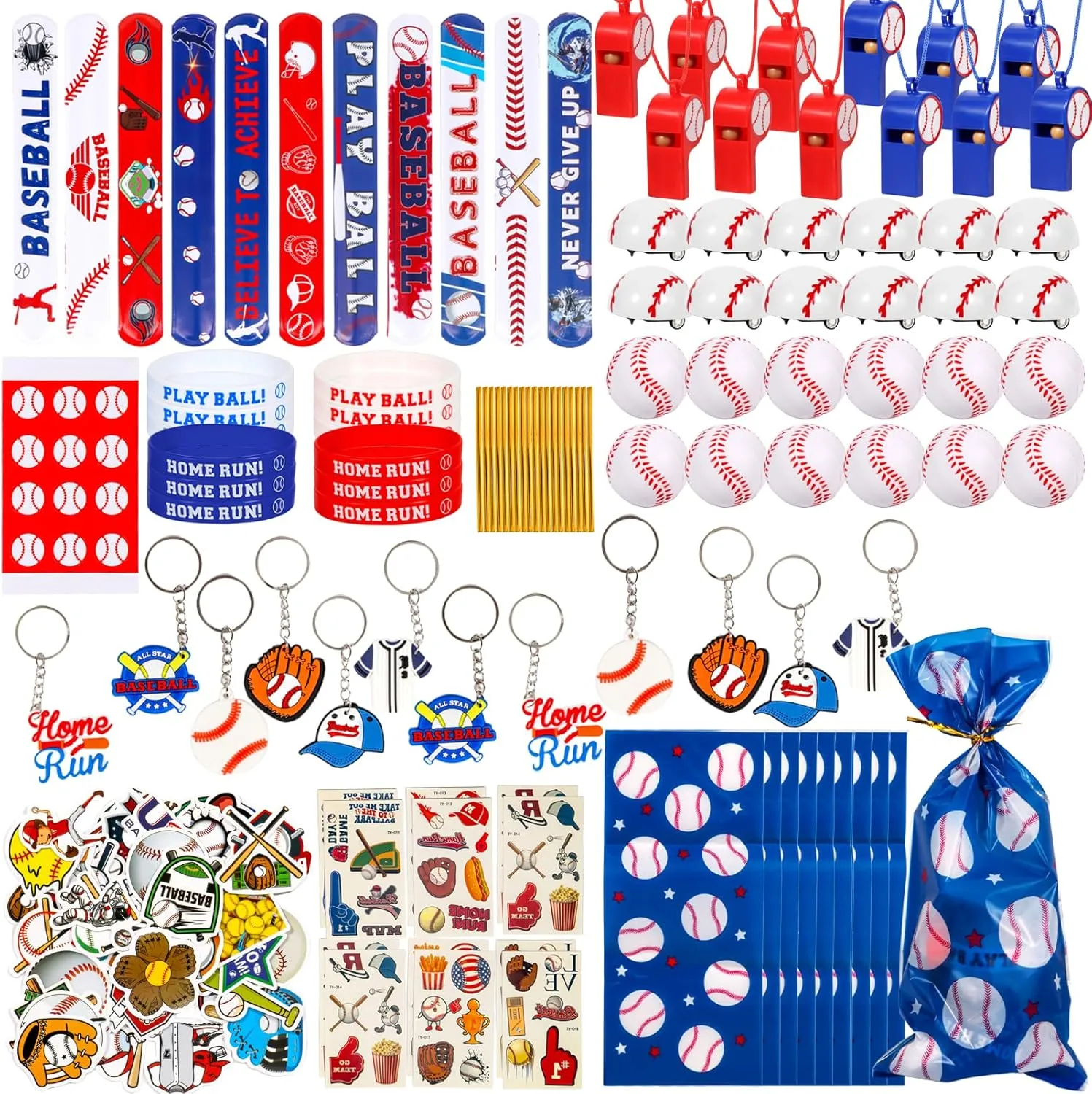146 Pcs Baseball Party Favors, Baseball Goodie Bag Stuffers with Mini Stress Balls, Baseball Keychains, Tattoos, Bulk Small Toy for Kids Baseball Themed Birthday Party Supplies, Classroom Reward