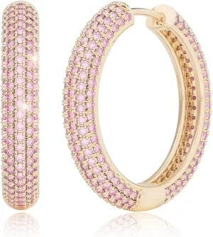14K Gold Earrings, Diamond Hoop Earrings, Chunky Gold Earrings, Gold Infinity Hoop Earrings, Gold Hoop Earrings with Diamond, Pink Jewelry, Diamond Hoop Earrings, 1 inch | 2 inch