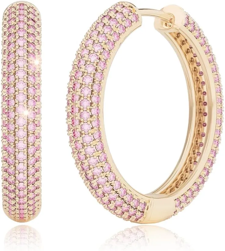 14K Gold Earrings, Diamond Hoop Earrings, Chunky Gold Earrings, Gold Infinity Hoop Earrings, Gold Hoop Earrings with Diamond, Pink Jewelry, Diamond Hoop Earrings, 1 inch | 2 inch