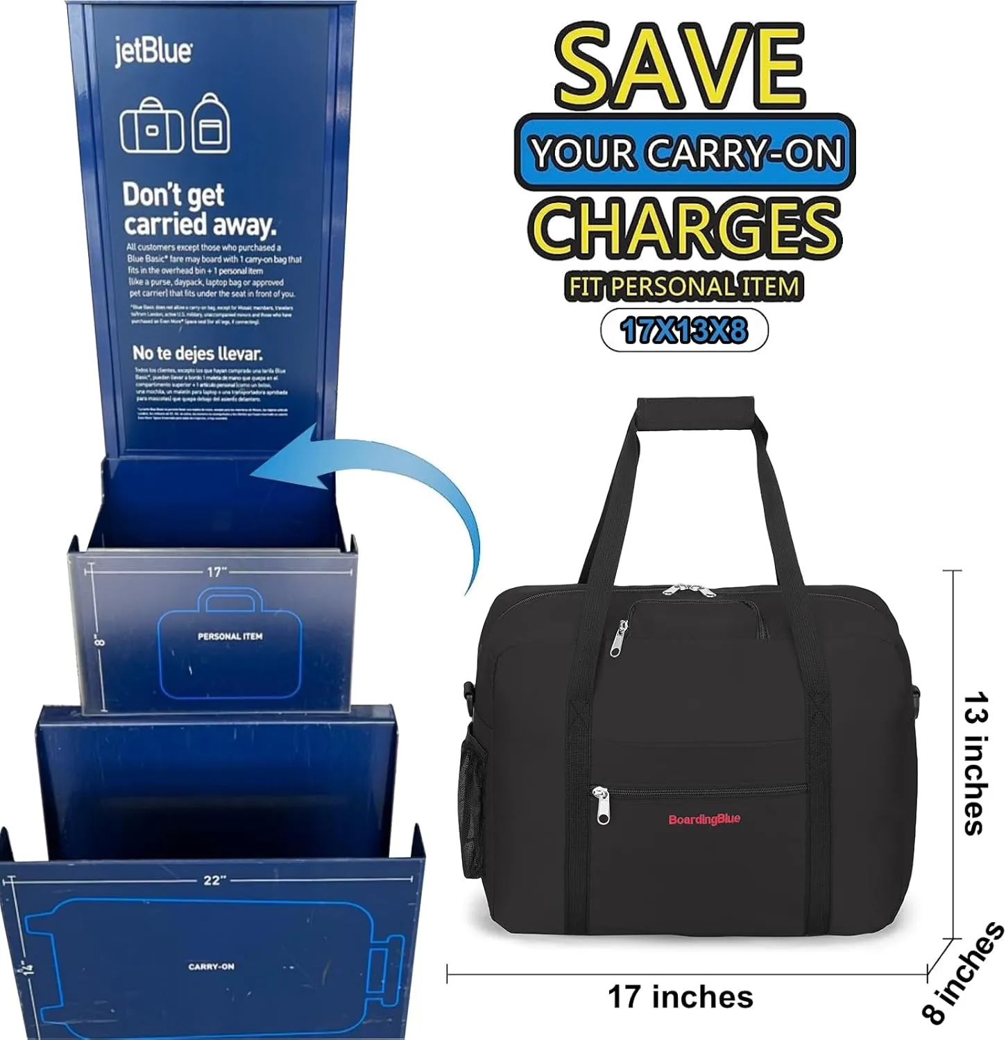 17X13X8 Inches JetBlus Airlines Personal Item Under Seat Duffel bag Suitable for Major Airlines including Spirit, Jetblue, Frontier, and American - Duffel Bag Design (Black)