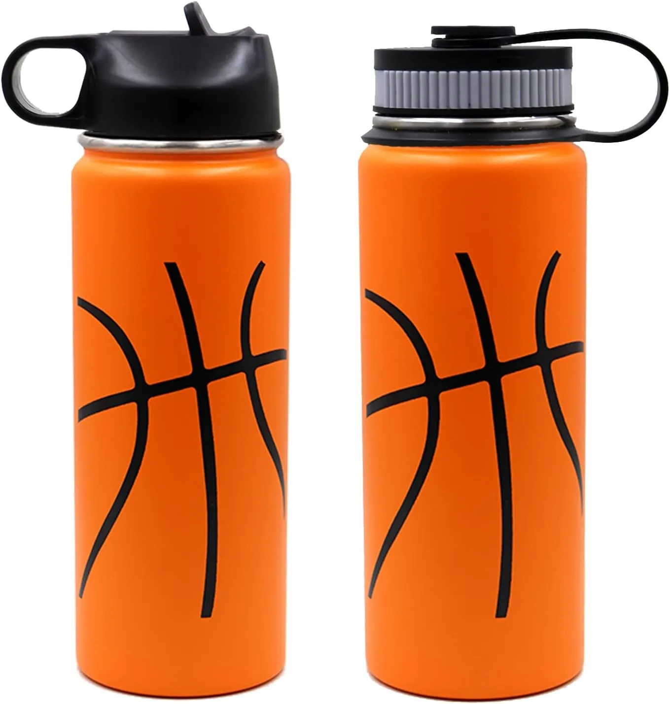 18 oz Basketball Water Bottle, Metal Travel Tumbler Sports Flask with 2 Lids, Stainless Steel Double Wall Vacuum Leakproof Insulated Water Bottles, Basketball Accessories Gifts for Boys Girls Player
