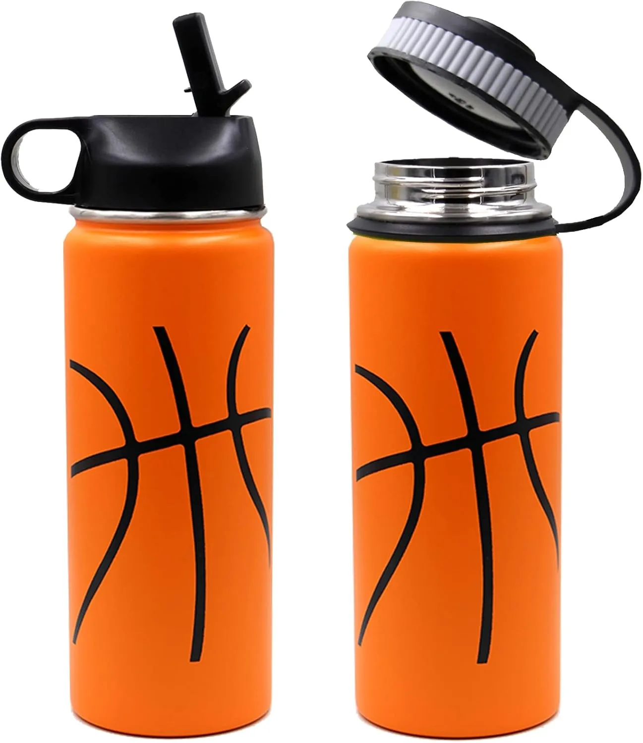18 oz Basketball Water Bottle, Metal Travel Tumbler Sports Flask with 2 Lids, Stainless Steel Double Wall Vacuum Leakproof Insulated Water Bottles, Basketball Accessories Gifts for Boys Girls Player