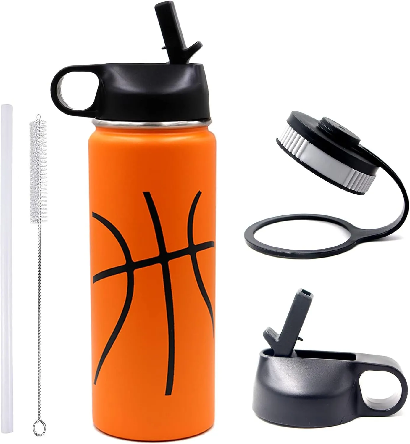 18 oz Basketball Water Bottle, Metal Travel Tumbler Sports Flask with 2 Lids, Stainless Steel Double Wall Vacuum Leakproof Insulated Water Bottles, Basketball Accessories Gifts for Boys Girls Player