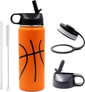 18 oz Basketball Water Bottle, Metal Travel Tumbler Sports Flask with 2 Lids, Stainless Steel Double Wall Vacuum Leakproof Insulated Water Bottles, Basketball Accessories Gifts for Boys Girls Player