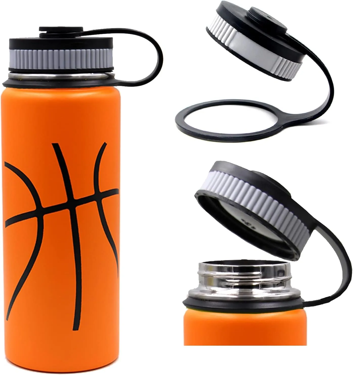 18 oz Basketball Water Bottle, Metal Travel Tumbler Sports Flask with 2 Lids, Stainless Steel Double Wall Vacuum Leakproof Insulated Water Bottles, Basketball Accessories Gifts for Boys Girls Player