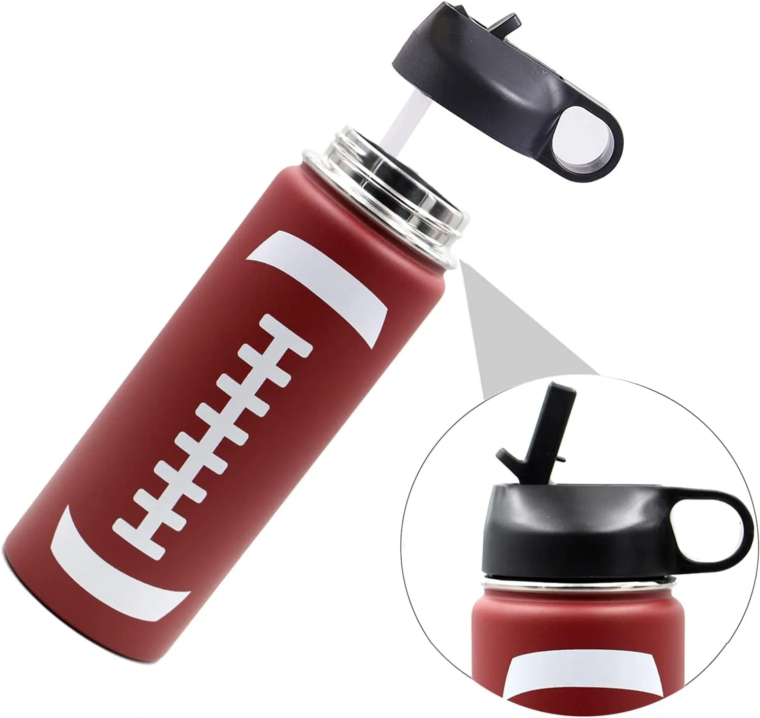 18 oz Football Water Bottle, Metal Travel Tumbler Sports Flask with 2 Lids, Stainless Steel Thermos Double Wall Vacuum Insulated Water Bottles, Football Accessories Gear Gifts for Boys Girls Mom Men