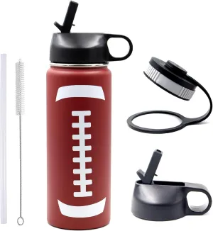 18 oz Football Water Bottle, Metal Travel Tumbler Sports Flask with 2 Lids, Stainless Steel Thermos Double Wall Vacuum Insulated Water Bottles, Football Accessories Gear Gifts for Boys Girls Mom Men