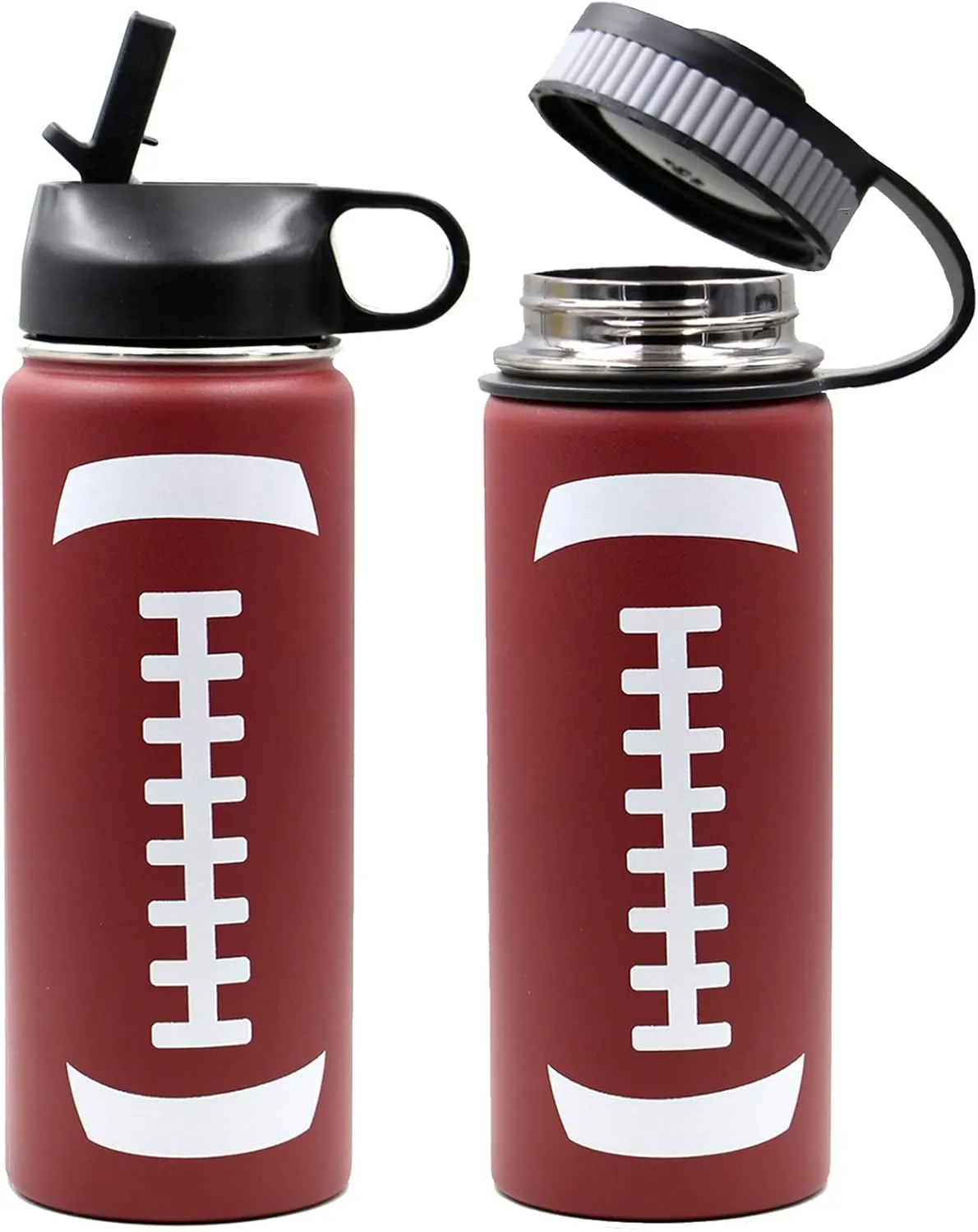 18 oz Football Water Bottle, Metal Travel Tumbler Sports Flask with 2 Lids, Stainless Steel Thermos Double Wall Vacuum Insulated Water Bottles, Football Accessories Gear Gifts for Boys Girls Mom Men
