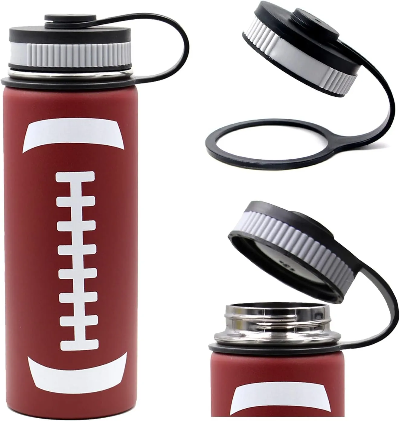 18 oz Football Water Bottle, Metal Travel Tumbler Sports Flask with 2 Lids, Stainless Steel Thermos Double Wall Vacuum Insulated Water Bottles, Football Accessories Gear Gifts for Boys Girls Mom Men