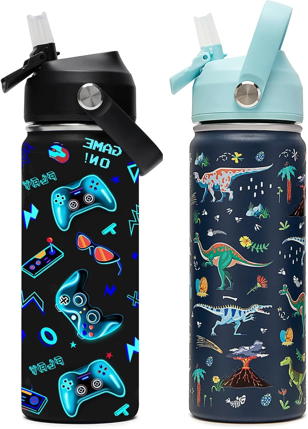 18oz Kids Insulated Water Bottle with Straw Lid - 18/8 Stainless Steel Kid Cup BPA-FREE Travel Tumbler Double Wall Vacuum Leak Proof Portable Toddler Water Bottle (Game Dinasour1
