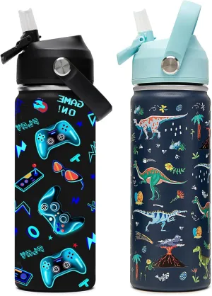 18oz Kids Insulated Water Bottle with Straw Lid - 18/8 Stainless Steel Kid Cup BPA-FREE Travel Tumbler Double Wall Vacuum Leak Proof Portable Toddler Water Bottle (Game Dinasour1