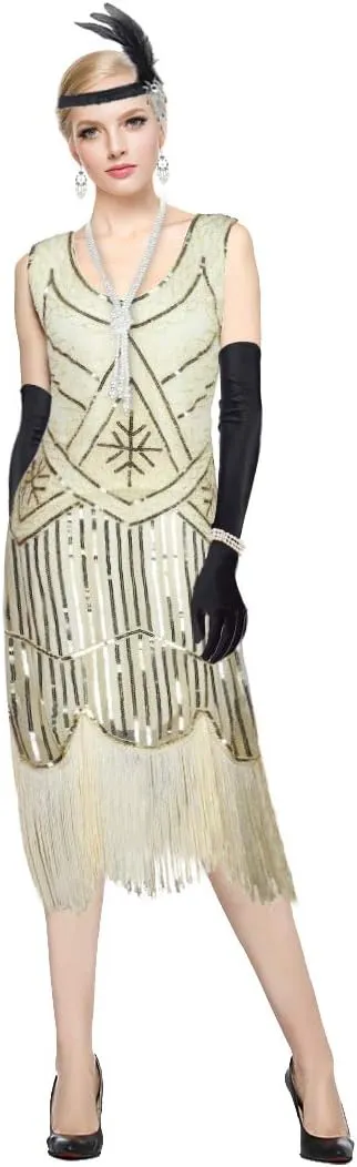 1920s Gatsby Sequin Fringed Paisley Flapper Dress with 20s Accessories Set