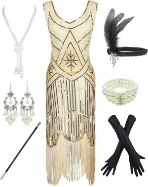 1920s Gatsby Sequin Fringed Paisley Flapper Dress with 20s Accessories Set