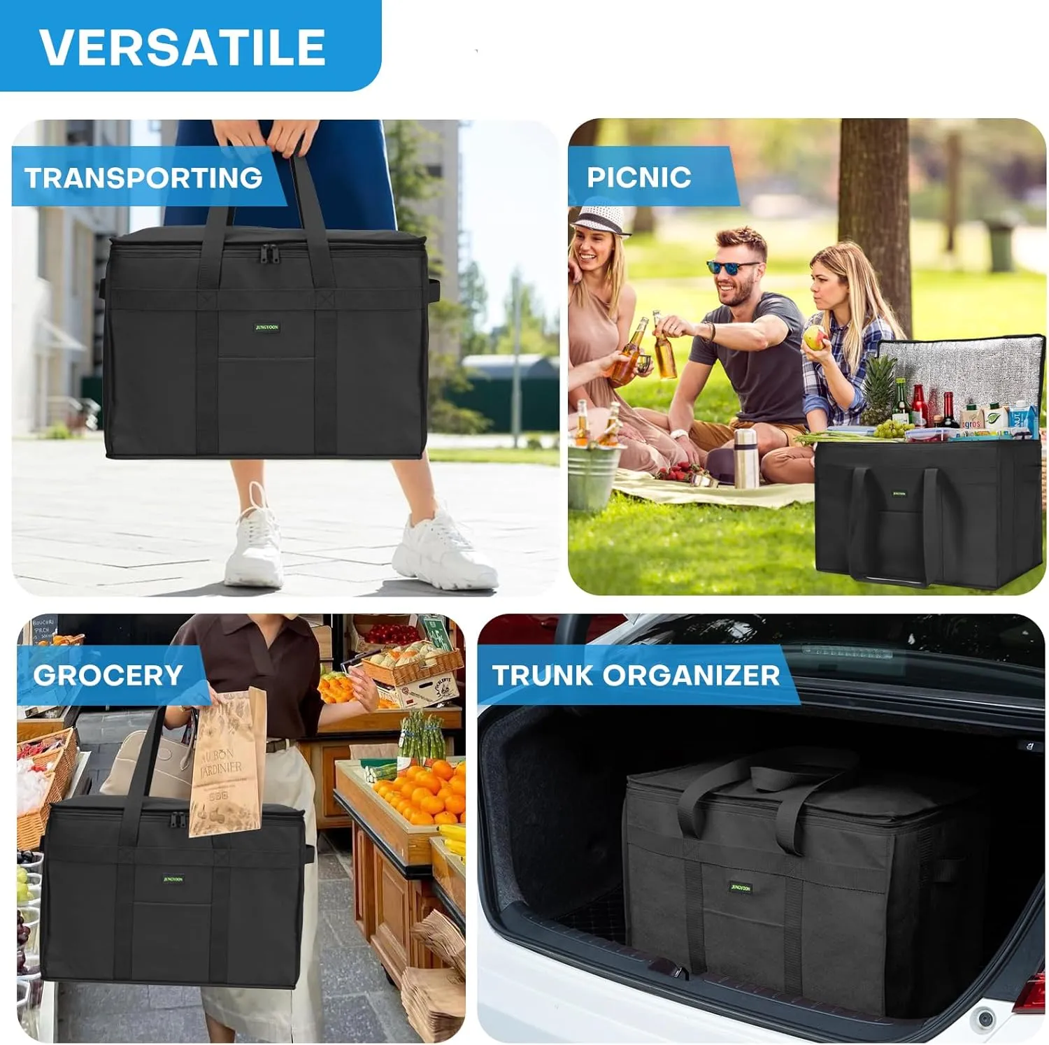 2-Pack Heavy-Duty Insulated Grocery Bags & Food Delivery Bag – Collapsible Cooler Bag with Zippered Top | Reusable Shopping Bags for Groceries, Picnics, Easy Storage(XXXL Black)