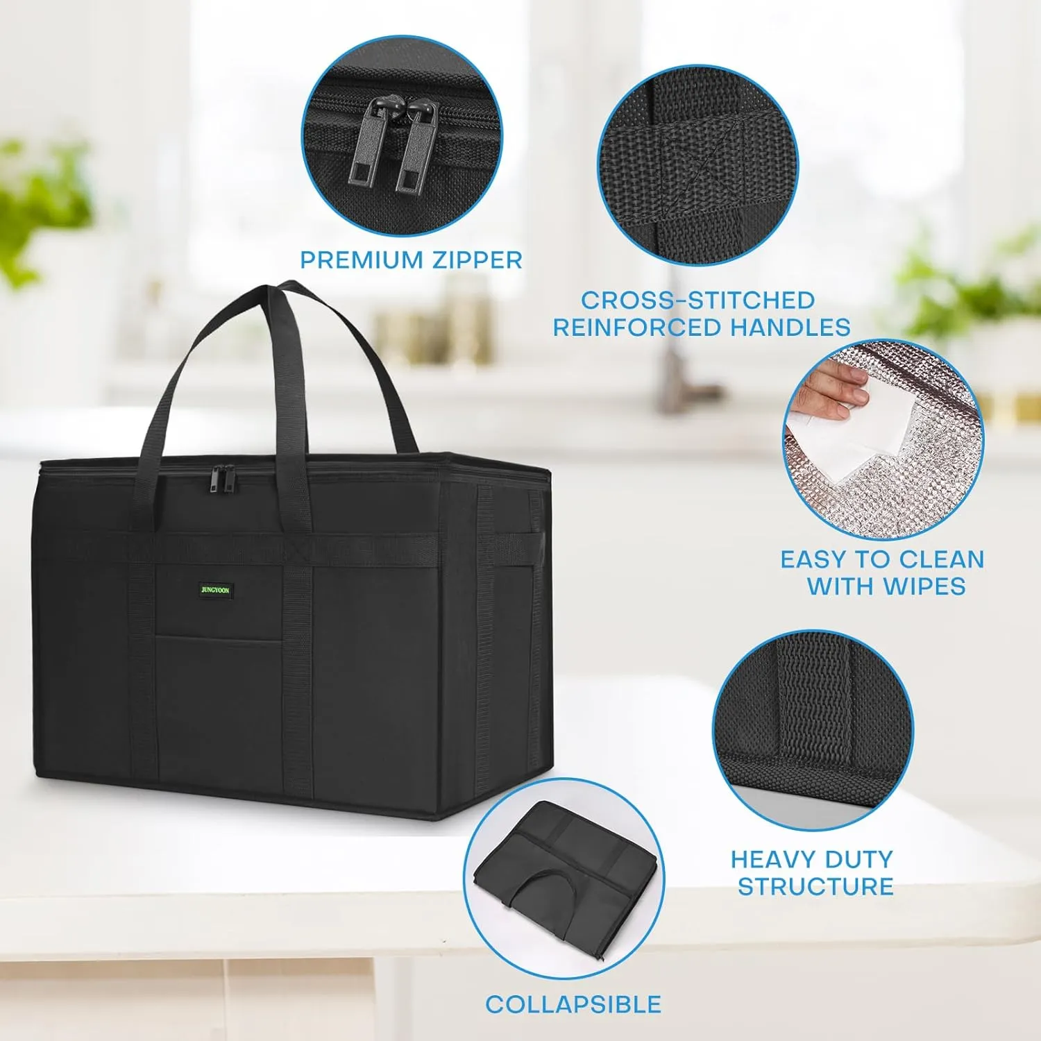 2-Pack Heavy-Duty Insulated Grocery Bags & Food Delivery Bag – Collapsible Cooler Bag with Zippered Top | Reusable Shopping Bags for Groceries, Picnics, Easy Storage(XXXL Black)