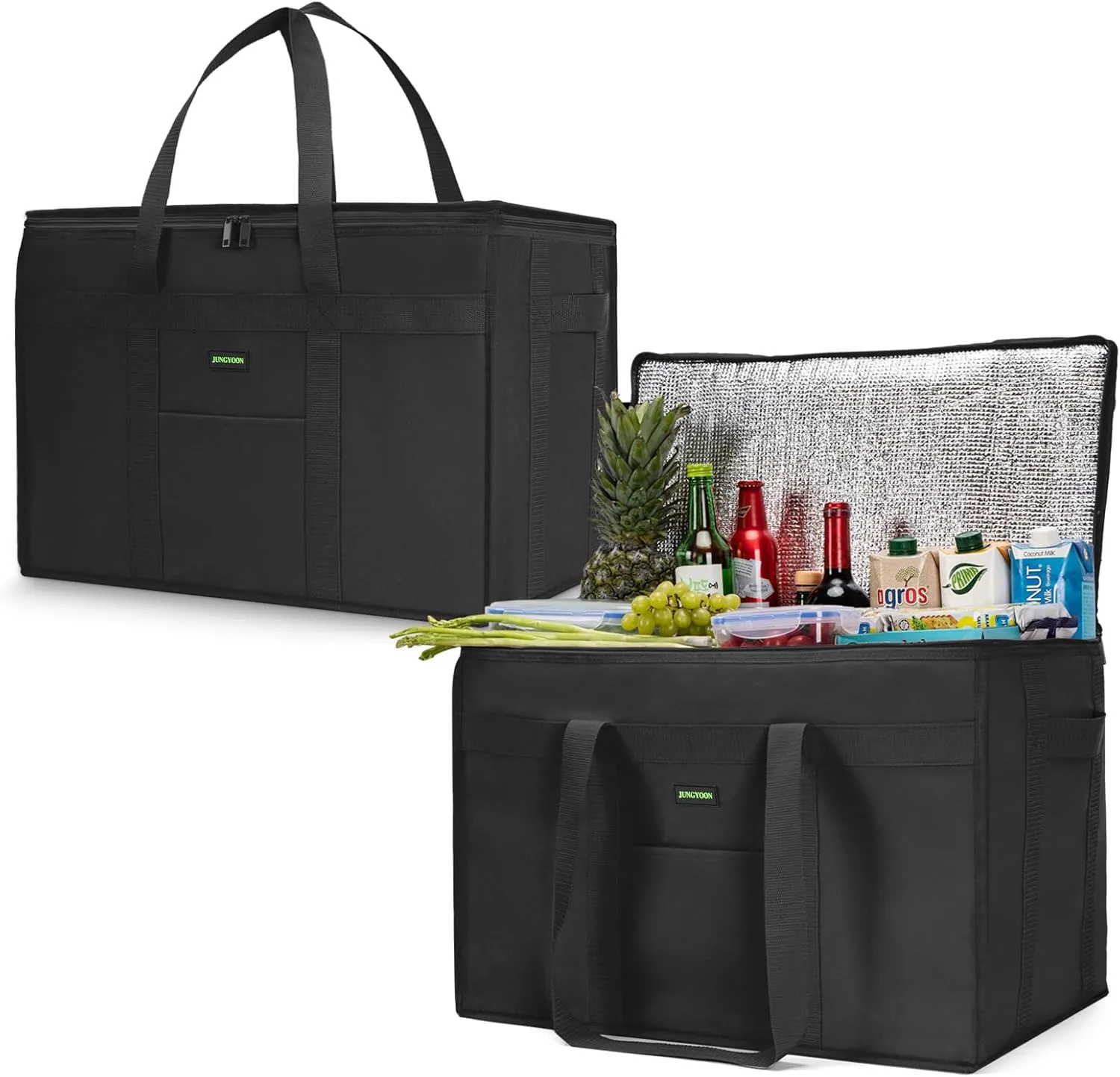 2-Pack Heavy-Duty Insulated Grocery Bags & Food Delivery Bag – Collapsible Cooler Bag with Zippered Top | Reusable Shopping Bags for Groceries, Picnics, Easy Storage(XXXL Black)