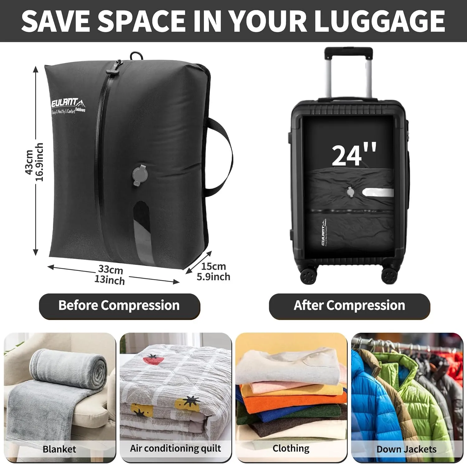 2 Pack Reusable Vacuum Bags for Travel,Waterproof Professional IP67 Zipper Reusable Vacuum Compression Bags,Space Saver Bags for Suitcases Backpack(No Pump)