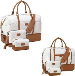 2 Set White Brown Weekender Bags for Women with Toiletry Bags