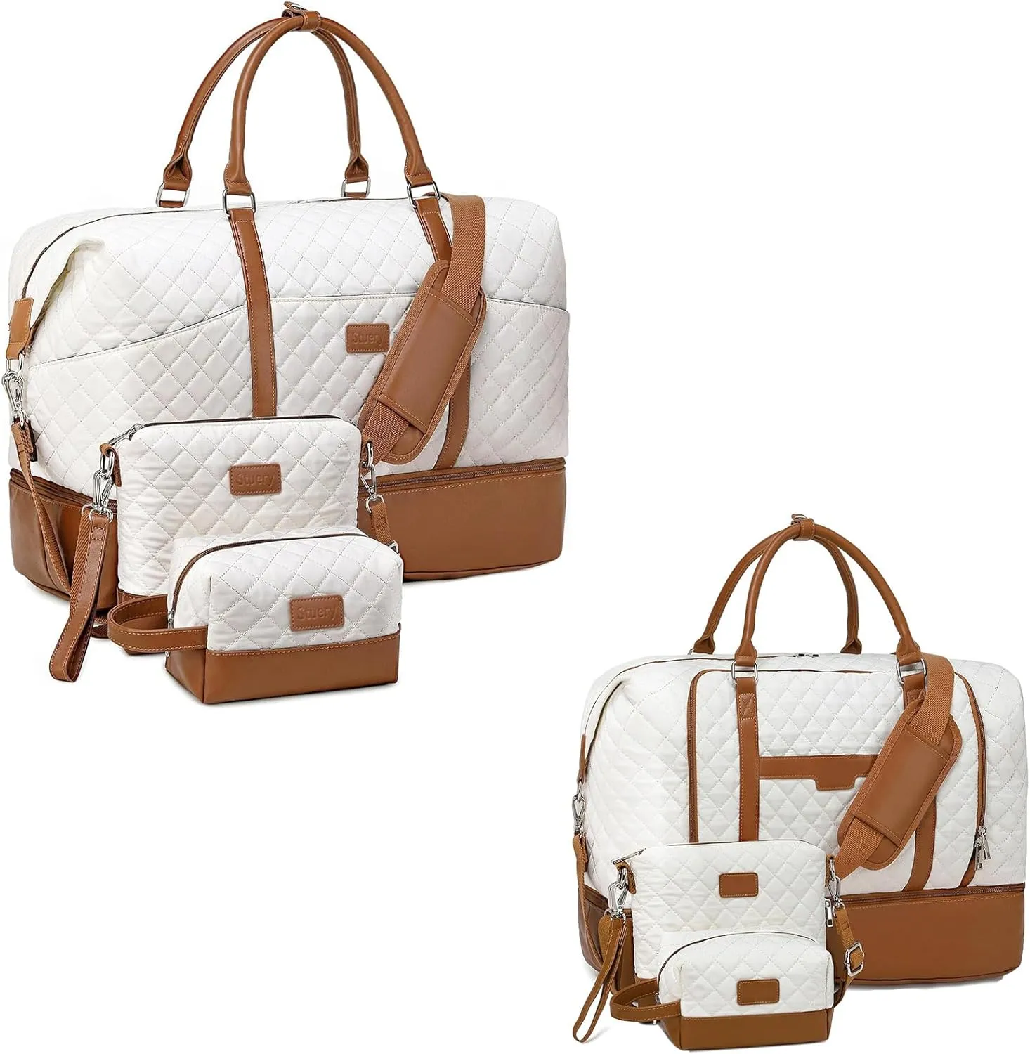 2 Set White Brown Weekender Bags for Women with Toiletry Bags