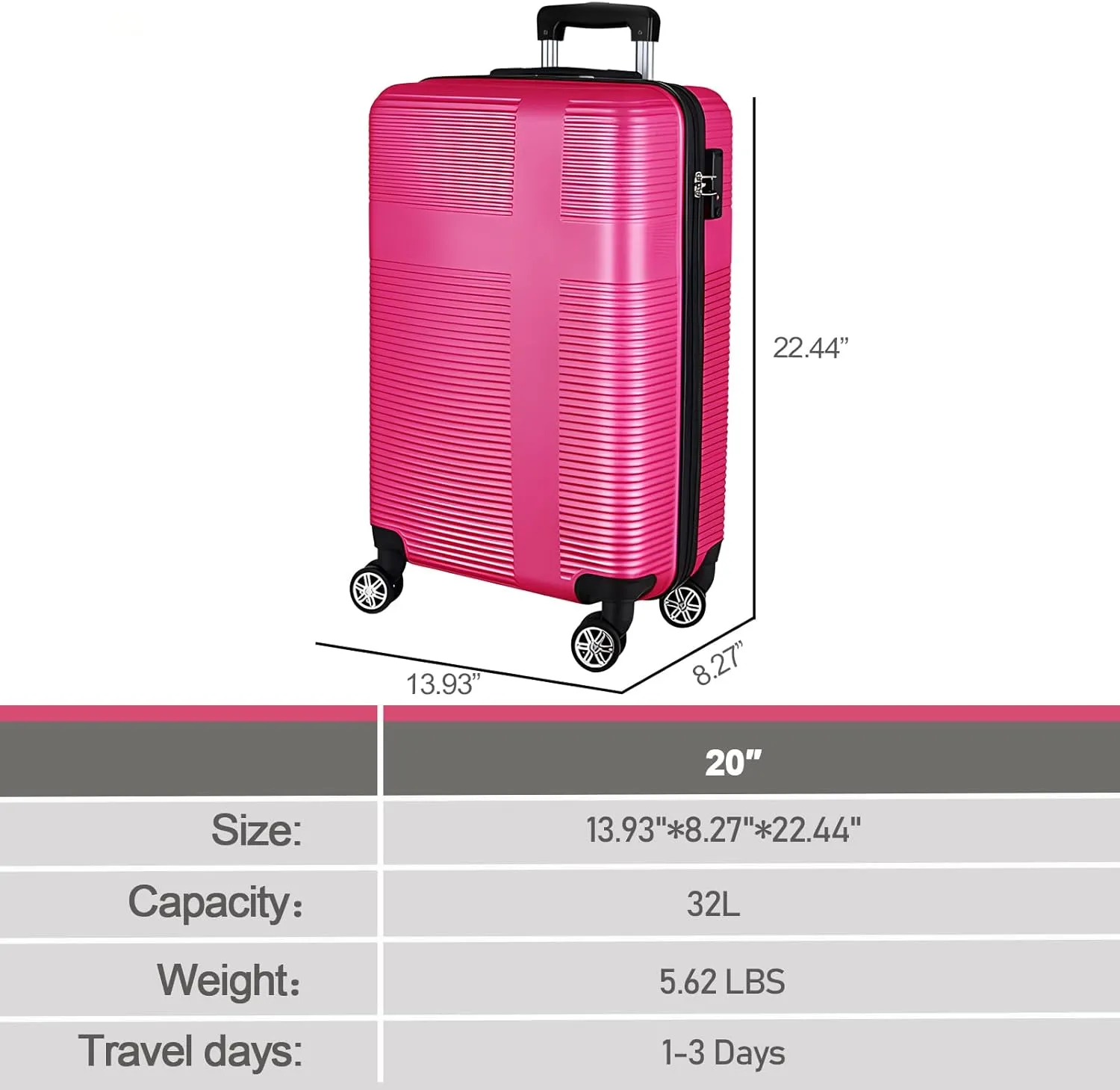 20 Inch Carry on Luggage 22x14x9 Airline Approved, Hard Shell Suitcase with Spinner Wheels, Lightweight Rolling Luggage for Travel,Rose Red