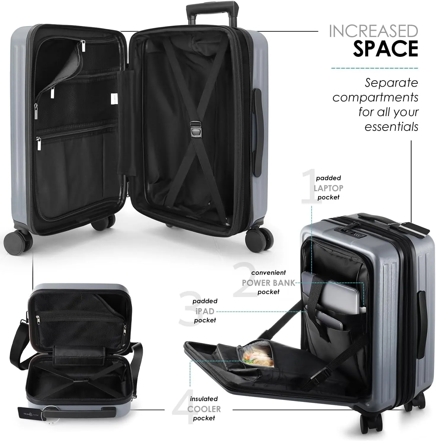 22 Inch Carry On Luggage, Carry On Suitcase with Wheels, Hardside Luggage Carry-On, Expandable Grey Small Suitcase, Hard Shell Carry-on Luggage, Spinner Luggage with Cosmetic Bag