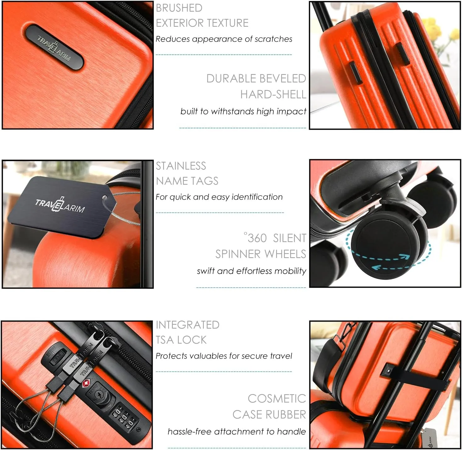 22 Inch Carry On Luggage, Carry On Suitcase with Wheels, Hardside Luggage Carry-On, Expandable Orange Small Suitcase, Hard Shell Carry-on Luggage, Spinner Luggage with Cosmetic Bag