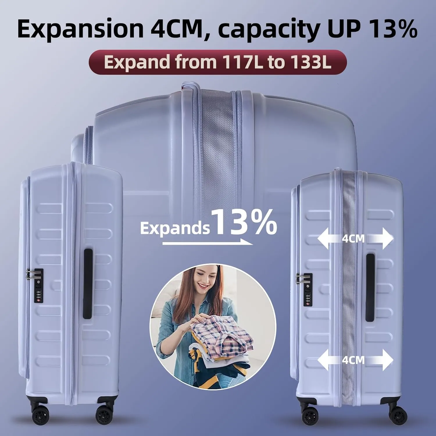 29 Inch Luggage with Expansion & Side Opening Design, 50 * 31(35)*76cm, 117L~133L Ligthweight ABS PC Hardshell Checked Suitcase, TSA Lock & YKK Zipper with HINOMOTO 360° Wheels, LiLac Purple