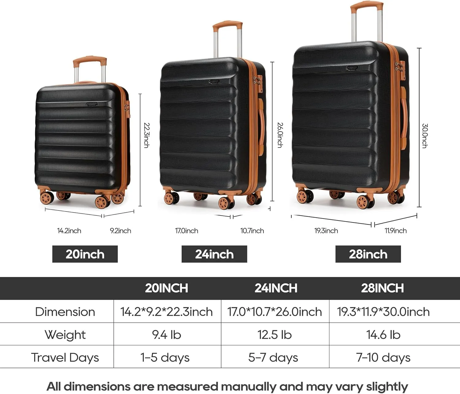 3-piece expandable luggage sets with Spinner Wheels， Suitcase with TSA Lock，Large Luggage for Family Travel & carry on 20/24/28，Black   Brown color