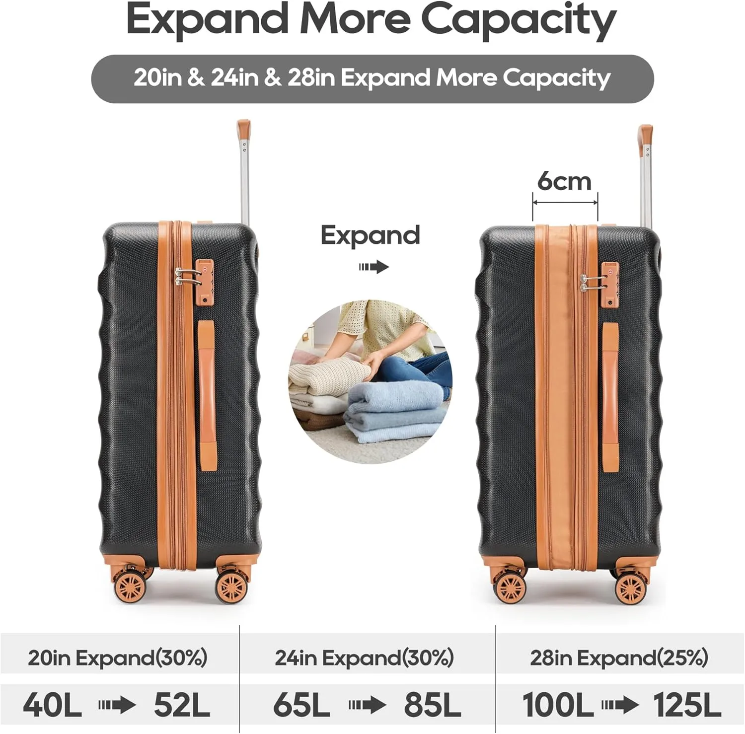 3-piece expandable luggage sets with Spinner Wheels， Suitcase with TSA Lock，Large Luggage for Family Travel & carry on 20/24/28，Black   Brown color