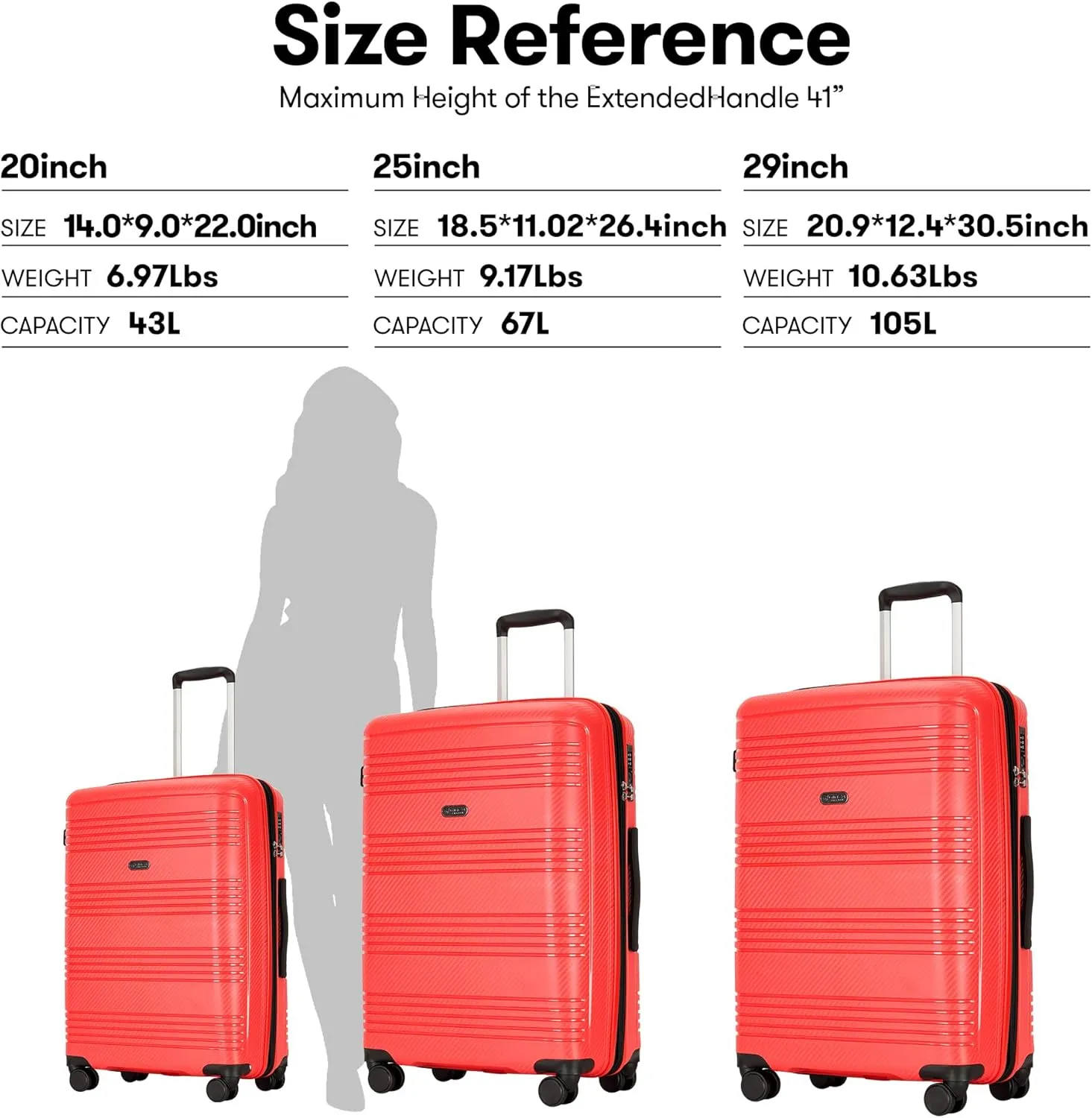 3 Piece Hard Shell Luggage Sets Large Hardside Suitcase Set with Spinner Wheels TSA Lock, 20in/25in/29in, Red