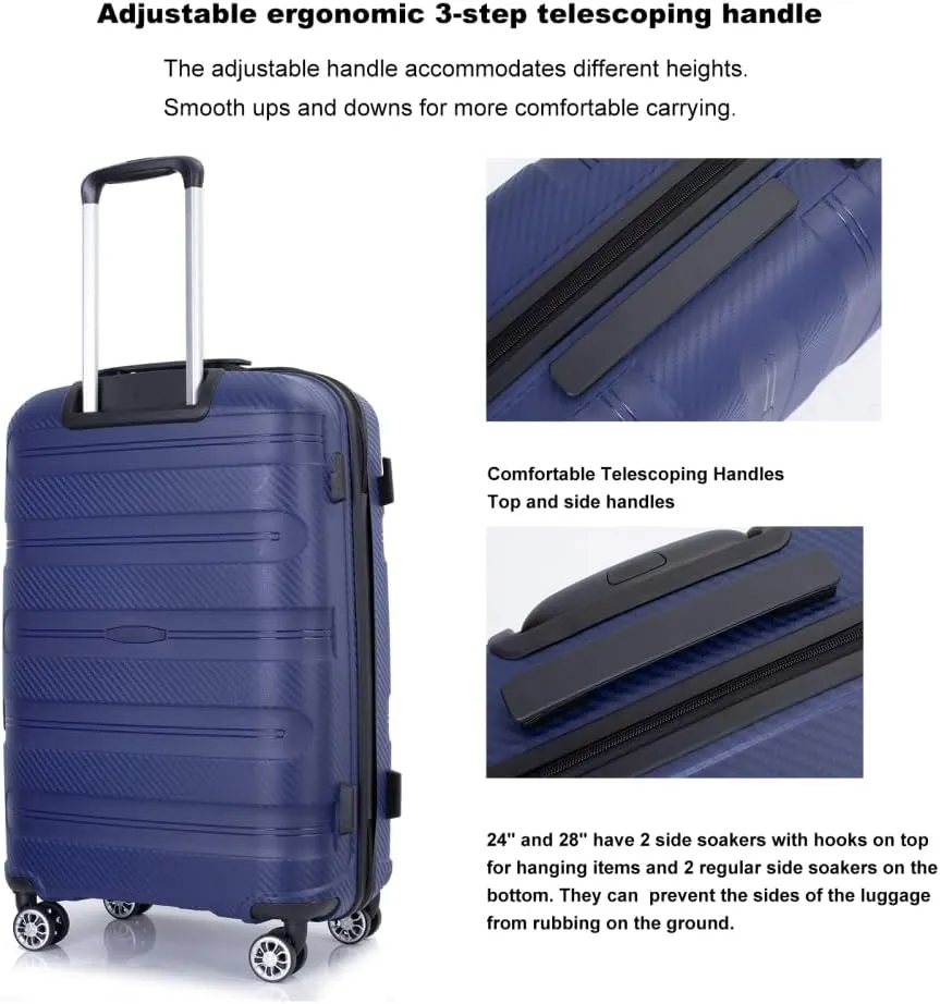 3-Piece Hardshell Luggage Set (20"/24"/28") - Lightweight PP Suitcases with Lock & 360° Spinner Wheels - Expandable Carry-On & Checked Luggage (Navy   Polypropylene)