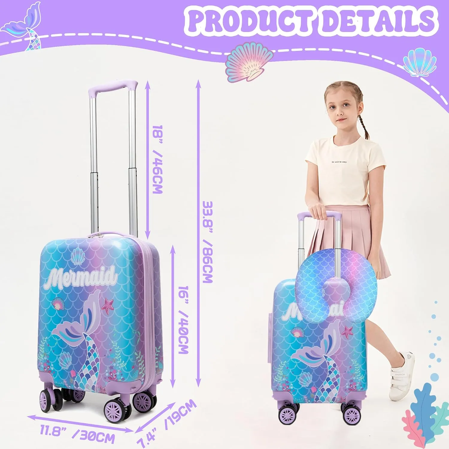 3-Piece Luggage Set: 16'' Hardside Spinner Wheels Kids Carry On Suitcase, Duffle Bag, Neck Pillow & Free Luggage Tag - Pink, Mermaid Pattern