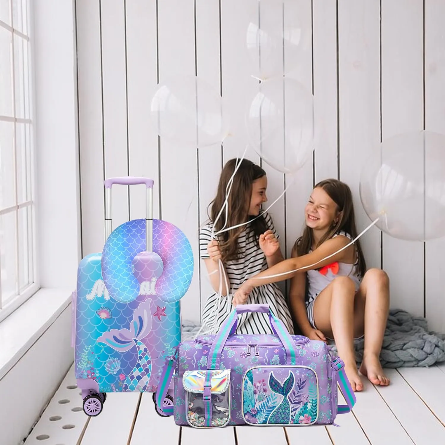 3-Piece Luggage Set: 16'' Hardside Spinner Wheels Kids Carry On Suitcase, Duffle Bag, Neck Pillow & Free Luggage Tag - Pink, Mermaid Pattern