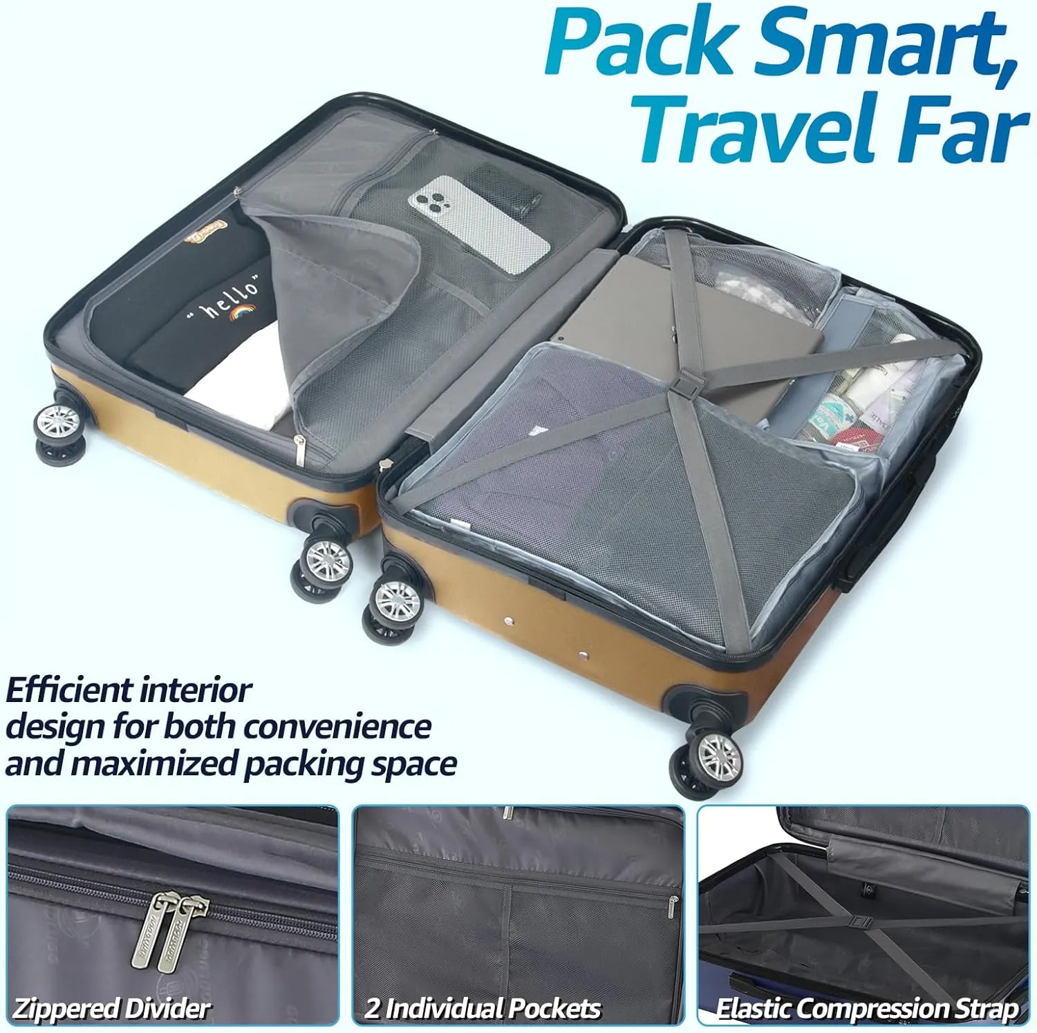 3 Pieces Expandable Luggage Set with Spinner Wheels and TSA Lock, Hardside Suitcases for Travel, Hardshell Luggage Sets, 20", 24", 28", Champagne