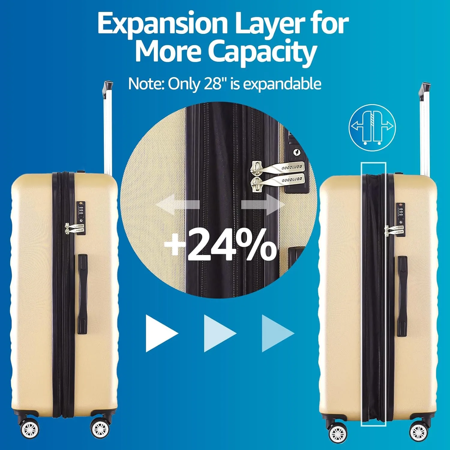3 Pieces Expandable Luggage Set with Spinner Wheels and TSA Lock, Hardside Suitcases for Travel, Hardshell Luggage Sets, 20", 24", 28", Champagne