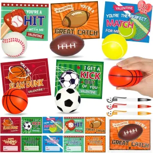 30 Packs Basketball Valentines Day Cards for Kids School Classroom Exchange with Sports Balls Soccer Hoop Pens Mini Squeeze Balls Kits Kids Class Game Prizes and Goodie Bags Stuffers Party Favor