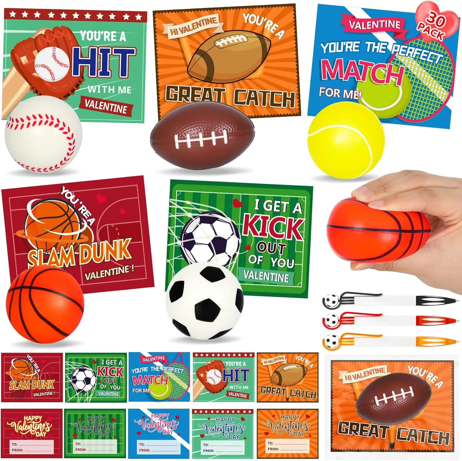 30 Packs Basketball Valentines Day Cards for Kids School Classroom Exchange with Sports Balls Soccer Hoop Pens Mini Squeeze Balls Kits Kids Class Game Prizes and Goodie Bags Stuffers Party Favor