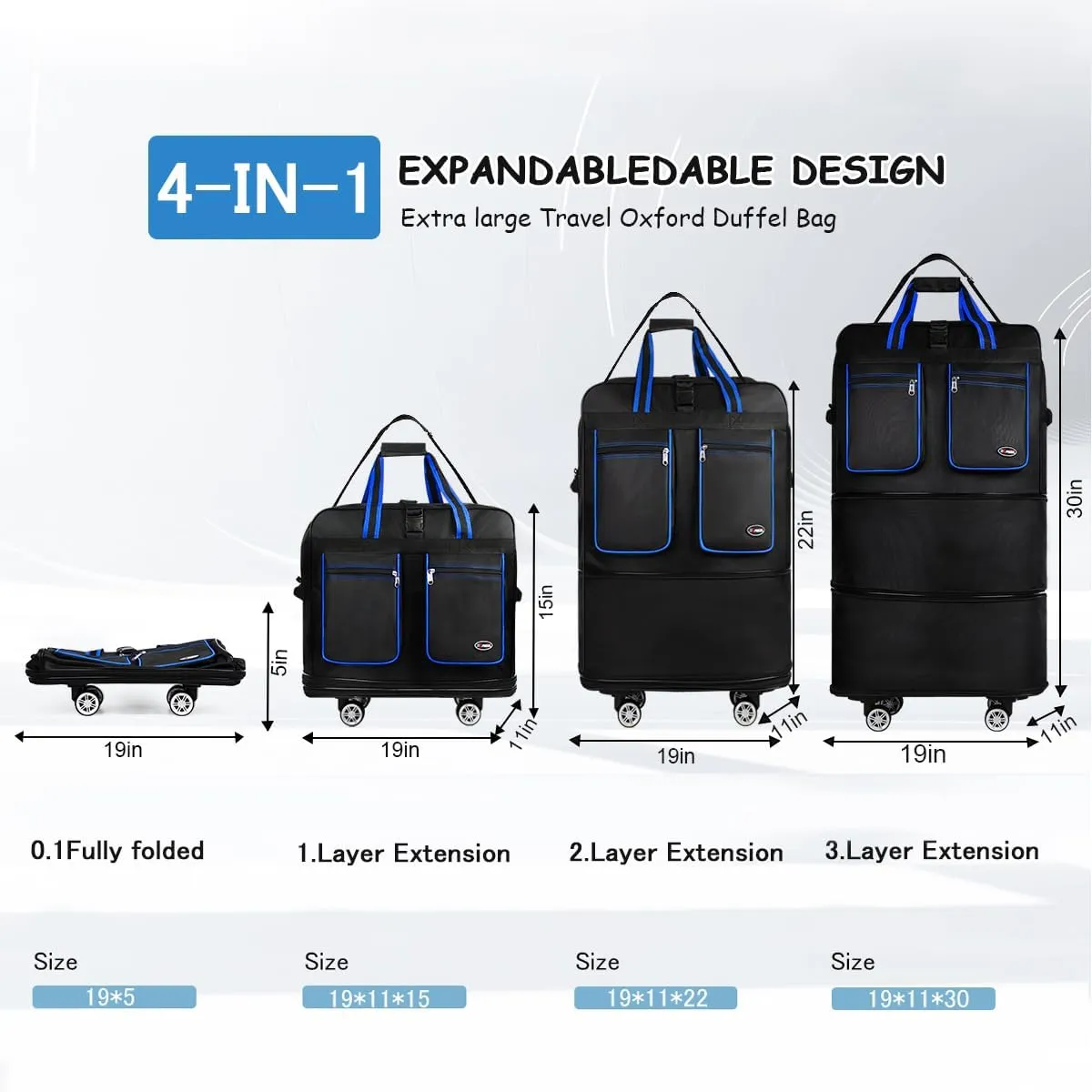 30''Rolling Duffle Bag with Wheels-Expandable Duffle Bag for Travel-Waterproof Suitcase-Weekend Bags#Black-Blue