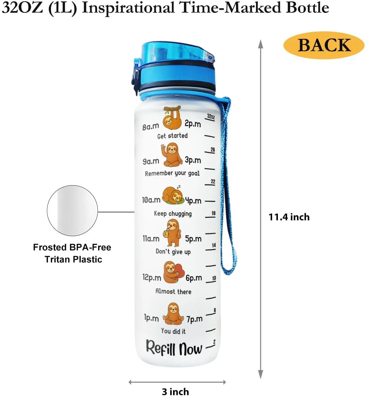 32oz 1liter Sloth Good day to be Happy, Inspirational Motivational Water Tracker Bottle with Times Marker & Removable Strainer, Water Bottle with Time to Drink for Sports, Home, Work