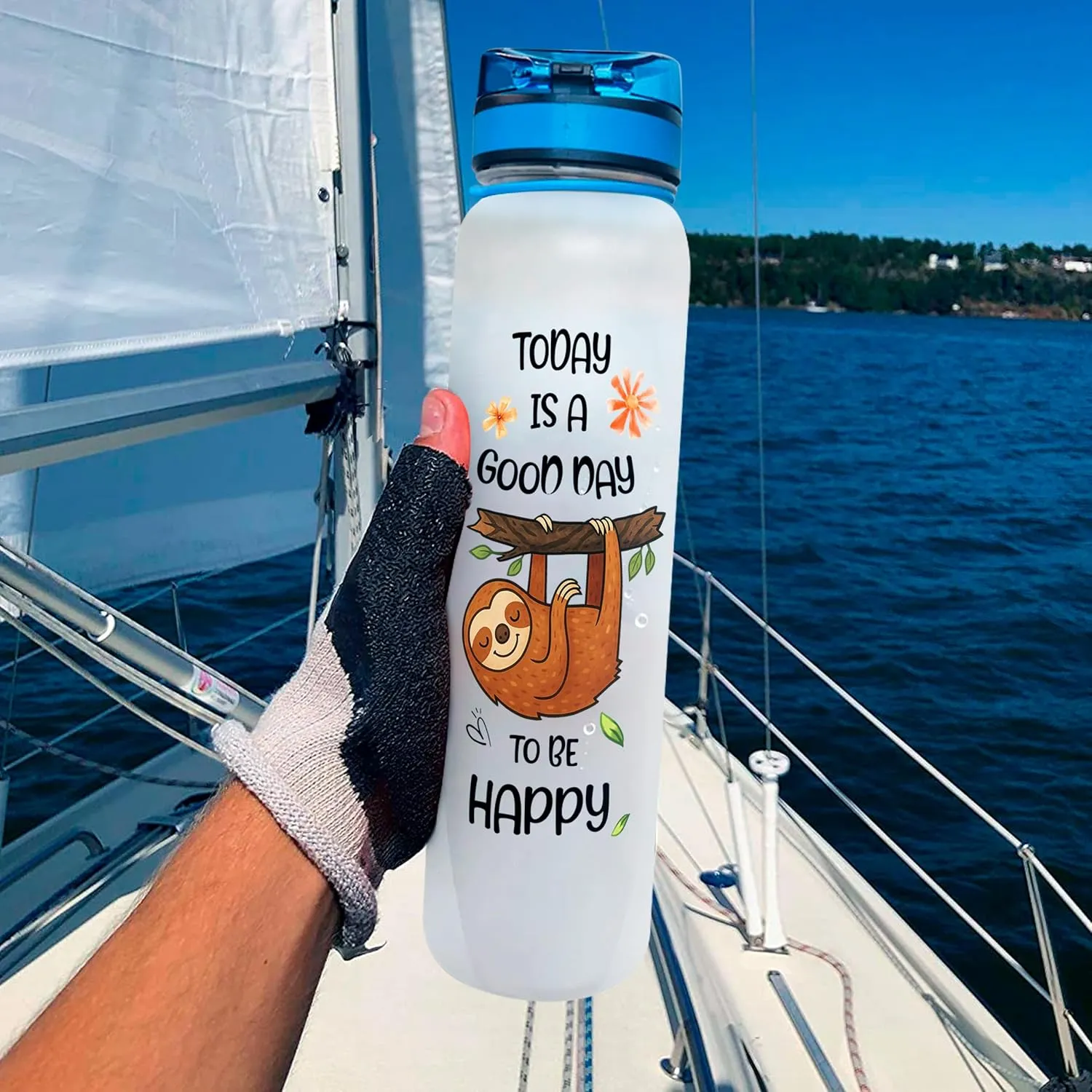 32oz 1liter Sloth Good day to be Happy, Inspirational Motivational Water Tracker Bottle with Times Marker & Removable Strainer, Water Bottle with Time to Drink for Sports, Home, Work